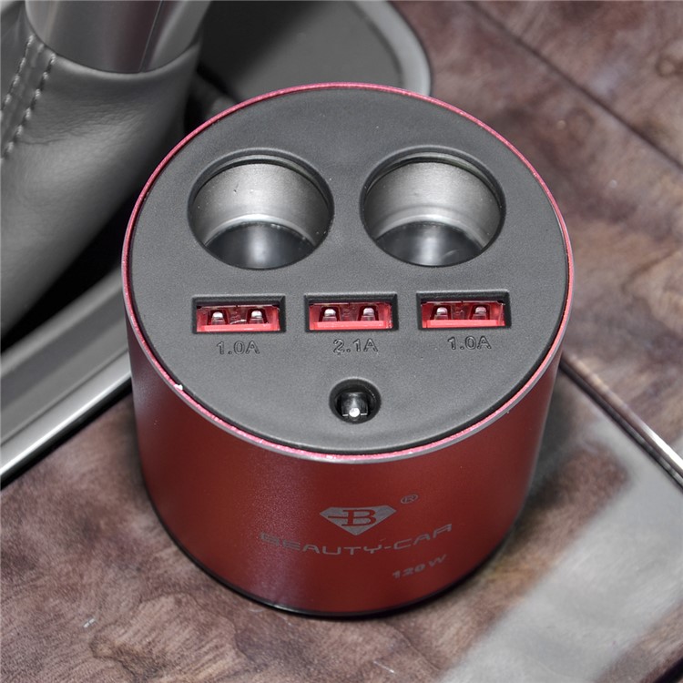 B-084 120W 4.2A Three USB Car Charger + Dual Cigarette Lighter Sockets for iPhone Samsung Huawei - Red-11