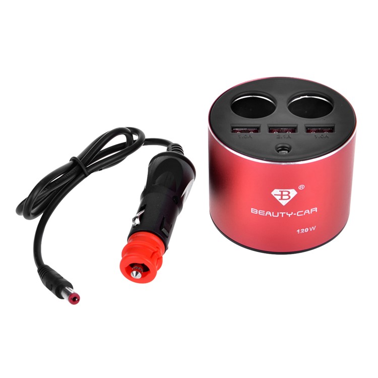B-084 120W 4.2A Three USB Car Charger + Dual Cigarette Lighter Sockets for iPhone Samsung Huawei - Red-3