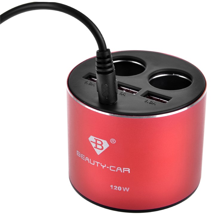 B-084 120W 4.2A Three USB Car Charger + Dual Cigarette Lighter Sockets for iPhone Samsung Huawei - Red-8