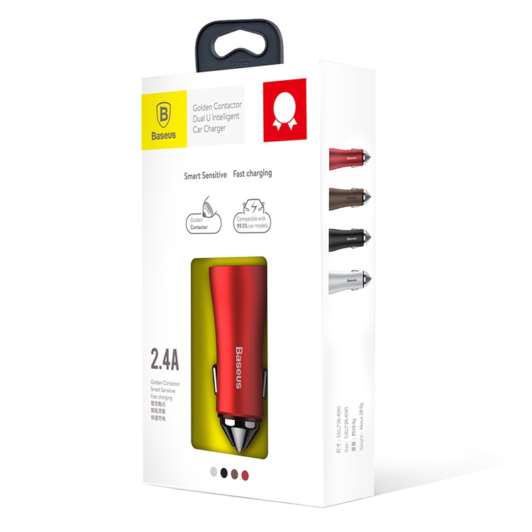 BASEUS Gold Coloren Contact Dual USB Intelligent Car Charger DC 5V 2.4A - Red-7