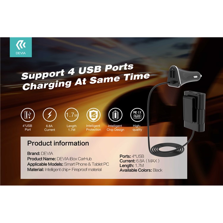 DEVIA iBox Car Hub 6.8A 4 USB Ports Car Charger Extender for iPhone iPad Samsung - Black-3