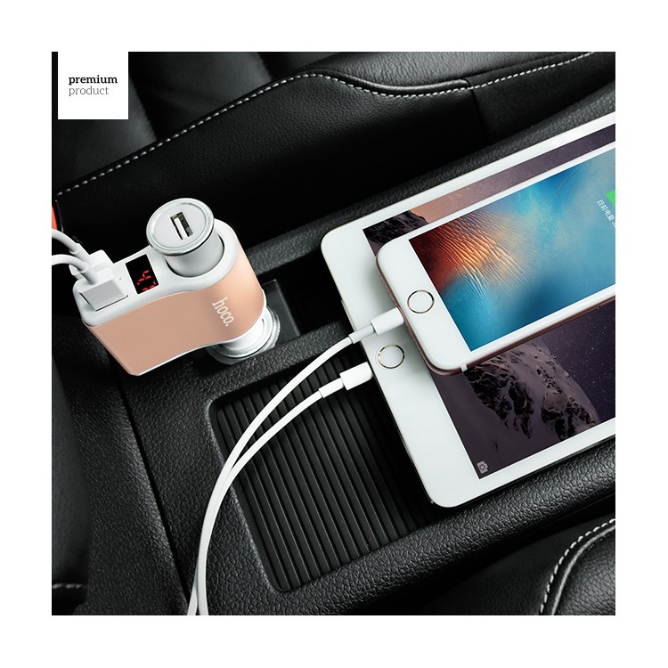 HOCO Z10 DC12V / 24V Dual USB Ports Digital Display Car Charger with Cigarette Lighter - White / Gold Color-7
