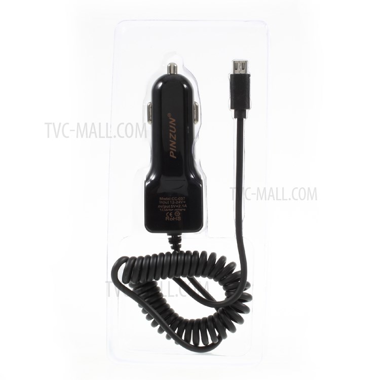 PINZUN 2.1A Springy Car Charger with Micro USB Cable & USB Interface for Apple Samsung HTC etc. - Black-6