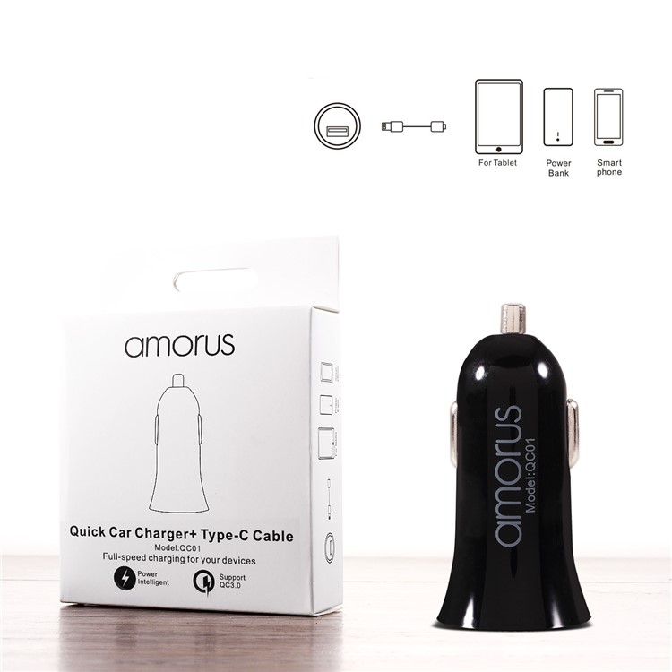 AMORUS QC3.0 Quick Charge Car Charger + Type-C Cable Charging Kit for Samsung S8/S8+/ Huawei 6P etc - Black-12