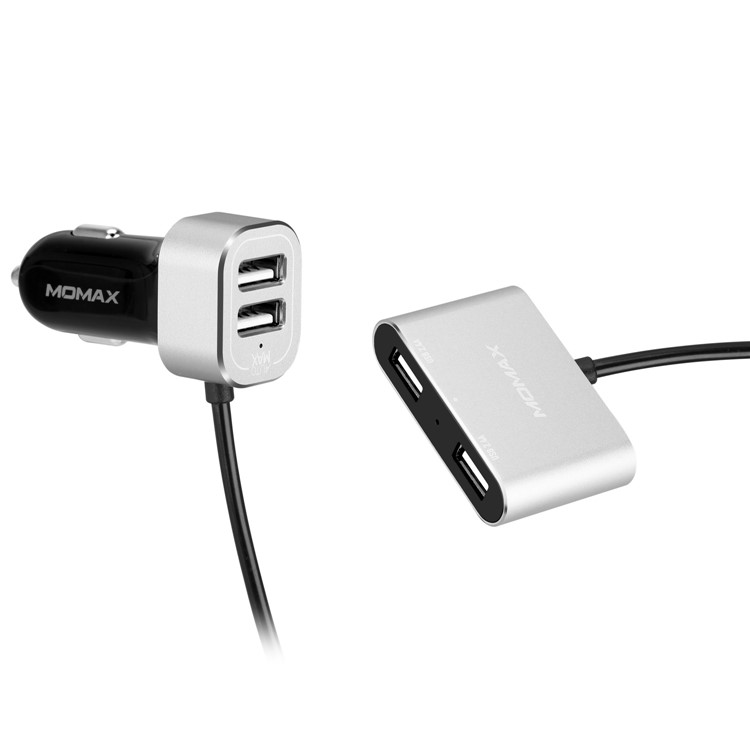 MOMAX 5V/9.6A 4 USB Ports Car Charger with 2m Extension Cable for Samsung S8 etc. - Silver Color-1