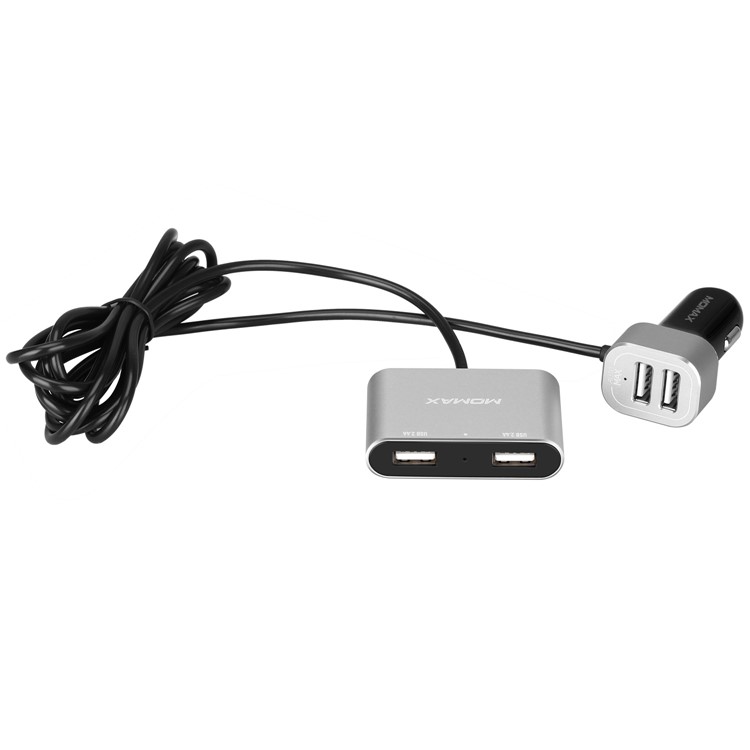 MOMAX 5V/9.6A 4 USB Ports Car Charger with 2m Extension Cable for Samsung S8 etc. - Silver Color-11