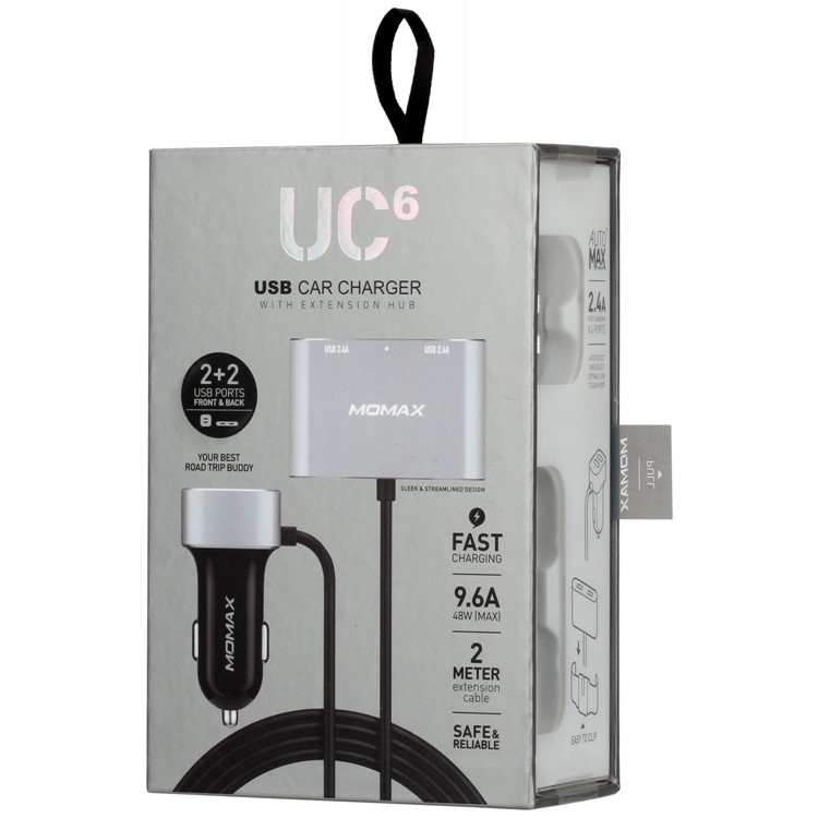 MOMAX 5V/9.6A 4 USB Ports Car Charger with 2m Extension Cable for Samsung S8 etc. - Silver Color-14