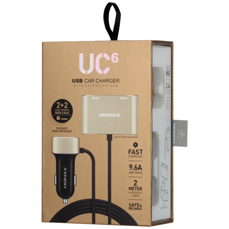 MOMAX 4 USB Ports Passenger Car Charger Kit for Front and Back Seat for Samsung S8 etc. - Gold Color-14