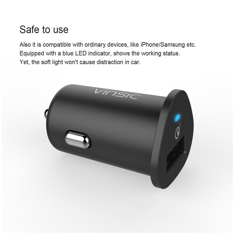 VINSIC VSCC106 Single Port QC 3.0 Car Charger for iPhone Samsung Huawei Etc - Black-11