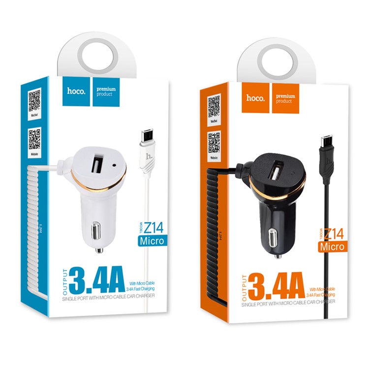 HOCO Z14 Fast Charging Single Port USB Car Charger with Micro USB Coiled Cable - White-5