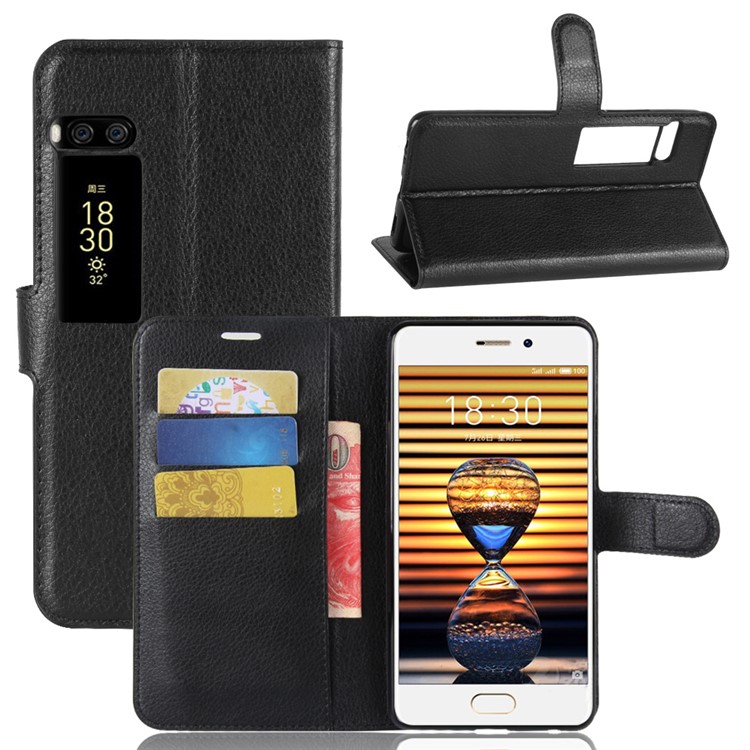 Litchi Grain Leather Wallet Stand Case for Meizu PRO 7 - Black-1