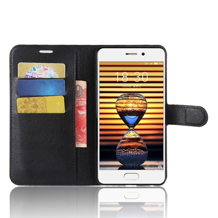 Litchi Grain Leather Wallet Stand Case for Meizu PRO 7 - Black-4
