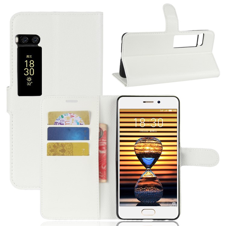 Litchi Grain Leather Wallet Stand Cover for Meizu PRO 7 - White-1