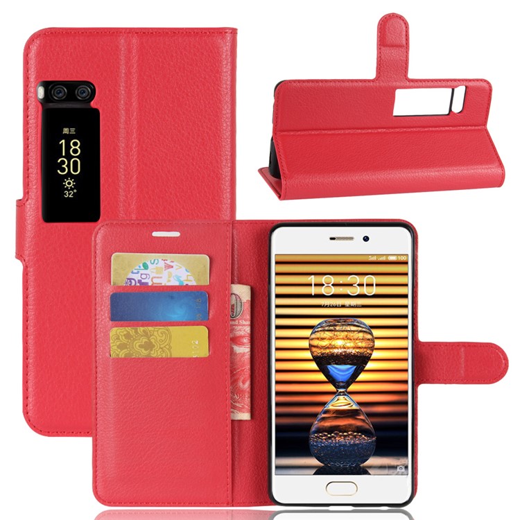 Litchi Grain Leather Wallet Stand Shell for Meizu PRO 7 - Red-1