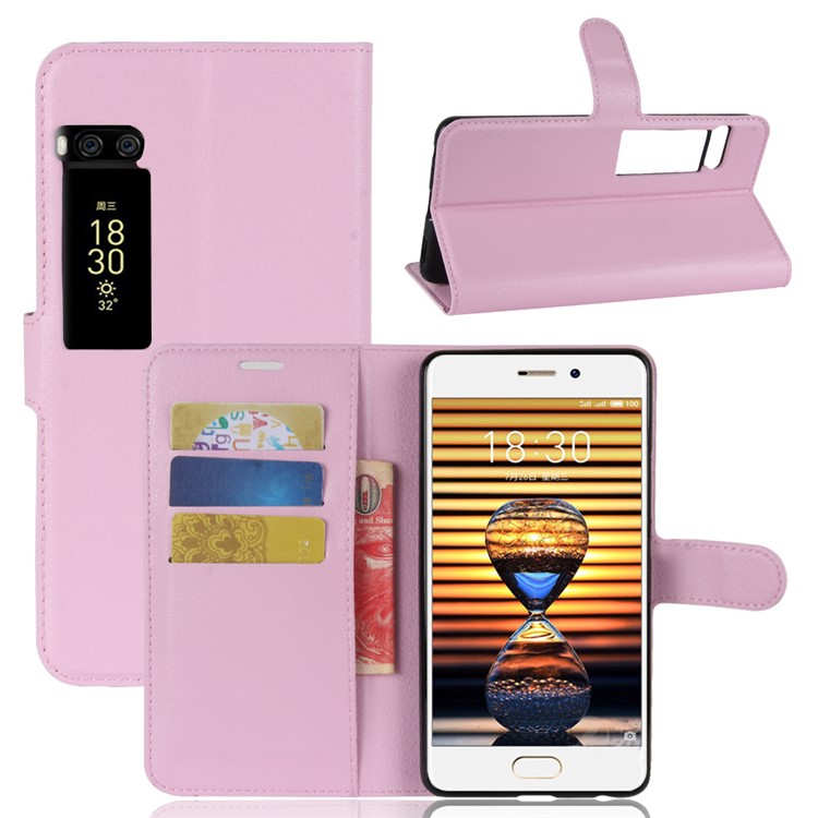 Litchi Grain Leather Wallet Stand Phone Cover for Meizu PRO 7 - Pink-1