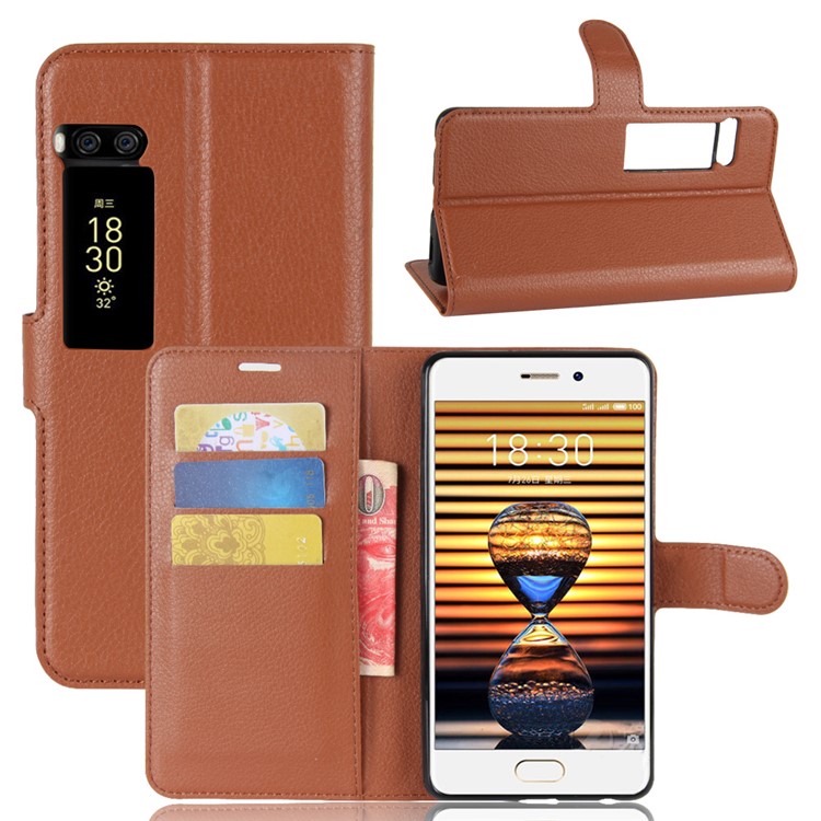 Litchi Grain Leather Wallet Stand Case Protector for Meizu PRO 7 - Brown-1