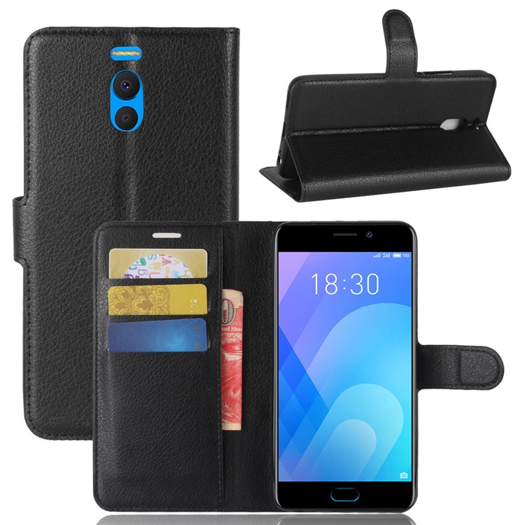 Litchi Skin PU Leather Magnetic Wallet Stand Phone Shell for Meizu M6 Note - Black-1