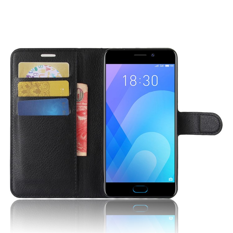 Litchi Skin PU Leather Magnetic Wallet Stand Phone Shell for Meizu M6 Note - Black-4