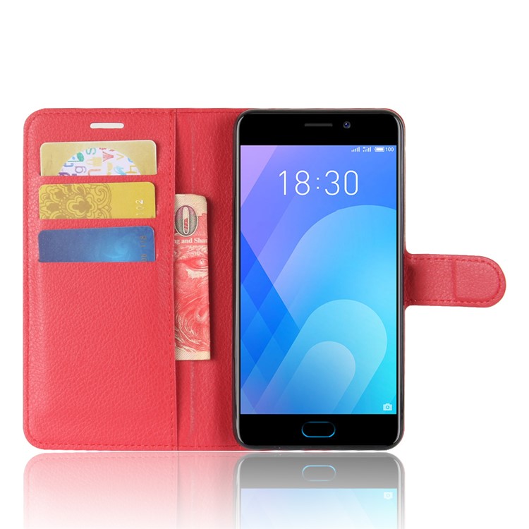 Litchi Skin PU Leather Magnetic Wallet Stand Phone Cover for Meizu M6 Note - Red-4