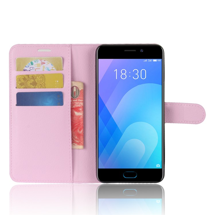 Litchi Skin PU Leather Magnetic Wallet Phone Shell with Stand for Meizu M6 Note - Pink-4