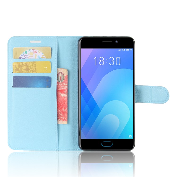 Litchi Skin PU Leather Magnetic Wallet Phone Casing with Stand for Meizu M6 Note - Blue-4