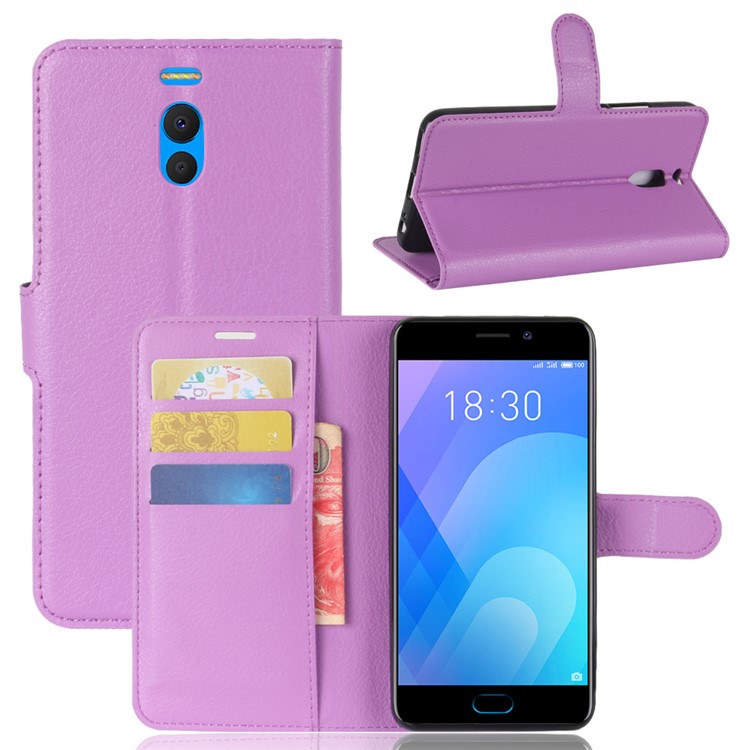 Litchi Skin PU Leather Wallet Stand Phone Shell with Magnet for Meizu M6 Note - Purple-1