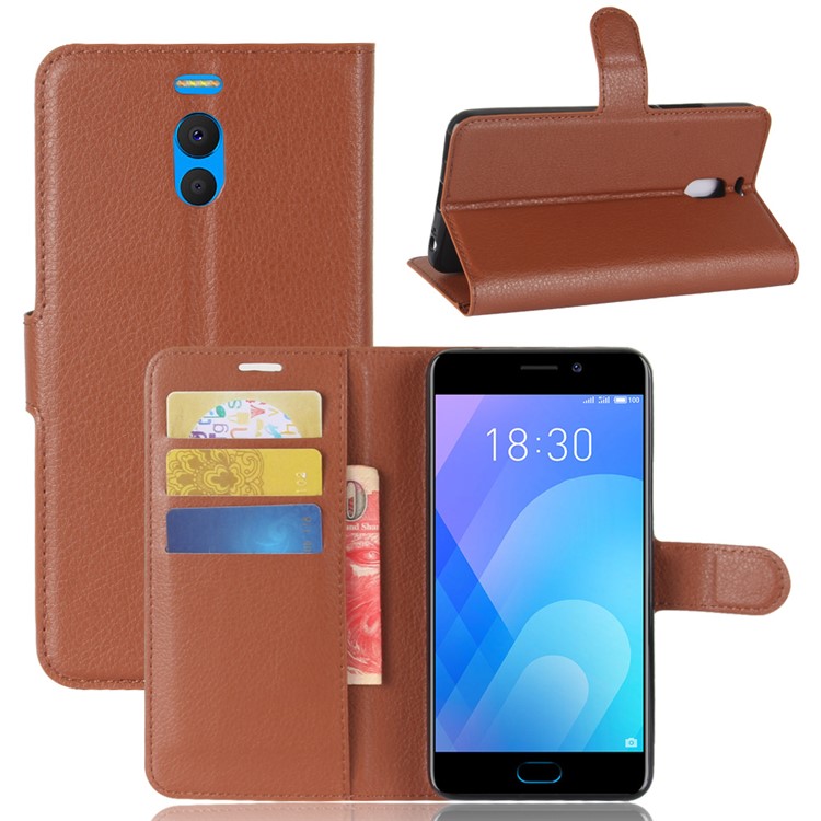 Litchi Skin PU Leather Wallet Stand Phone Case with Magnet for Meizu M6 Note - Brown-1