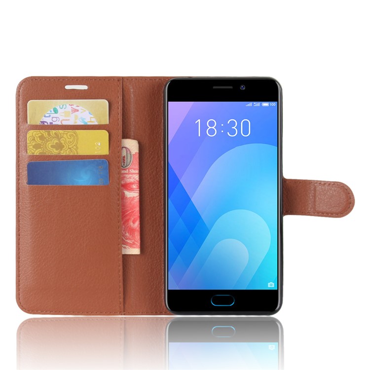 Litchi Skin PU Leather Wallet Stand Phone Case with Magnet for Meizu M6 Note - Brown-4