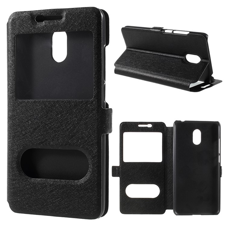 For Meizu M6 Silk Texture Dual Window Stand Leather Phone Case - Black-1