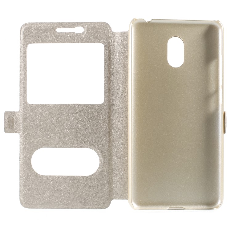 For Meizu M6 Silk Texture Dual Window Stand Leather Phone Accessory Case - Gold-6