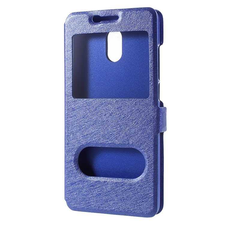 For Meizu M6 Silk Texture Dual Window Stand Leather Phone Accessory Shell - Blue-1