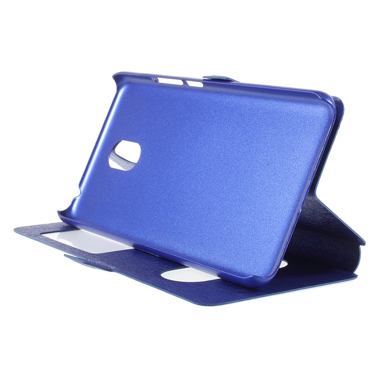For Meizu M6 Silk Texture Dual Window Stand Leather Phone Accessory Shell - Blue-4
