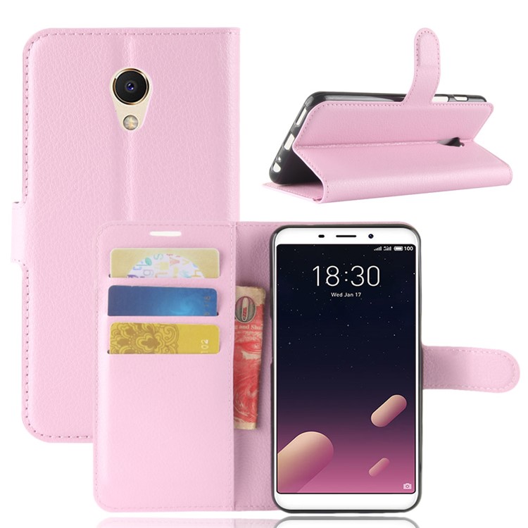 Litchi Texture Wallet Stand Leather Mobile Cover for Meizu M6s - Pink-1