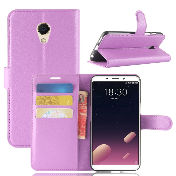 Litchi Texture Wallet Stand Leather Protector Cover for Meizu M6s - Purple-1