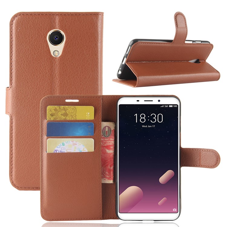 Litchi Texture Wallet Stand Leather Mobile Casing for Meizu M6s - Brown-1