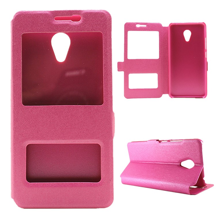 Silk Grain Dual Window Leather Stand Shell for Meizu m3 - Rose-1