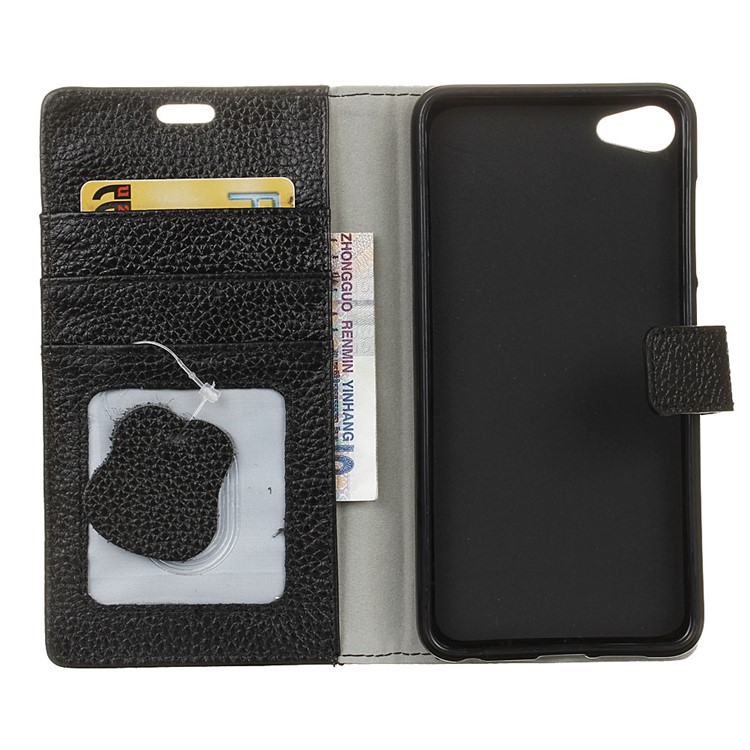 Litchi Texture Genuine Leather Wallet Case Stand for Meizu U10 - Black-4