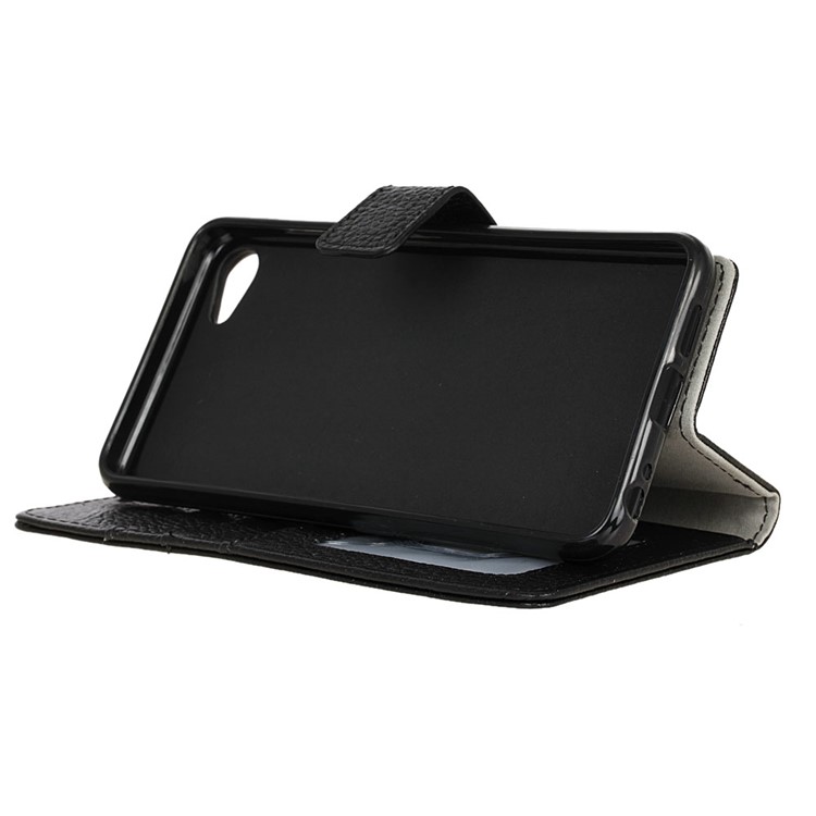 Litchi Texture Genuine Leather Wallet Case Stand for Meizu U10 - Black-5