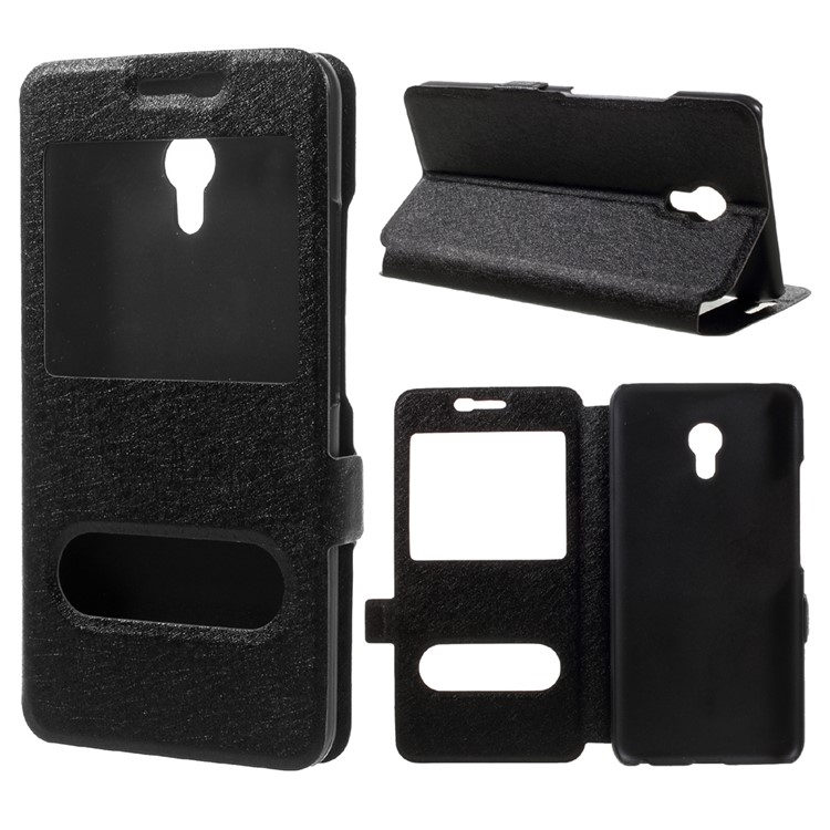 Dual View Window Silk Texture Leather Stand Case for Meizu M5 - Black-1