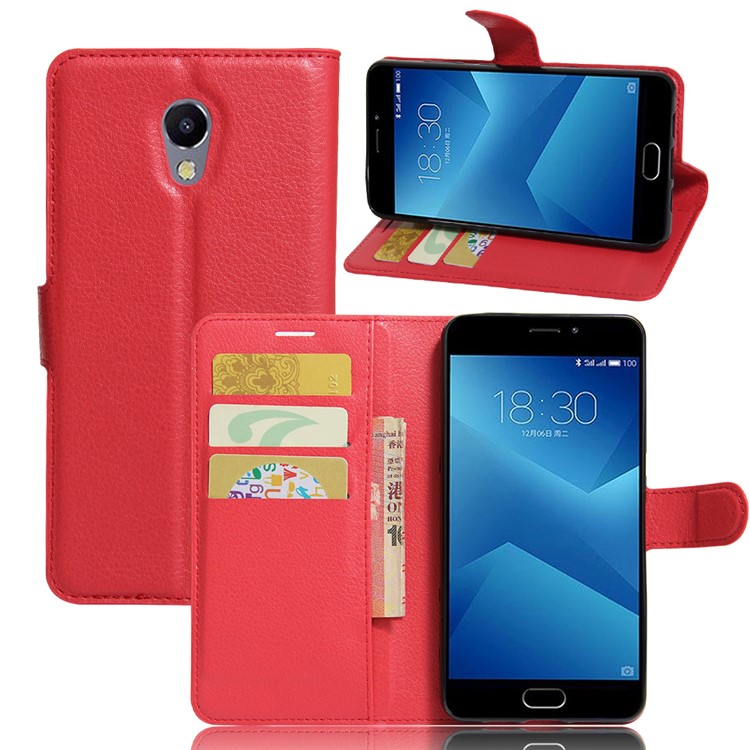 Litchi Texture Leather Wallet Stand Cell Phone Shell for Meizu m5 Note - Red-1
