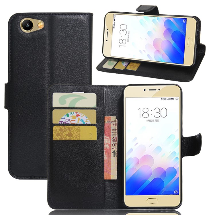 Litchi Grain 3 Card Holders Wallet Stand Leather Case for Meizu m3x - Black-1