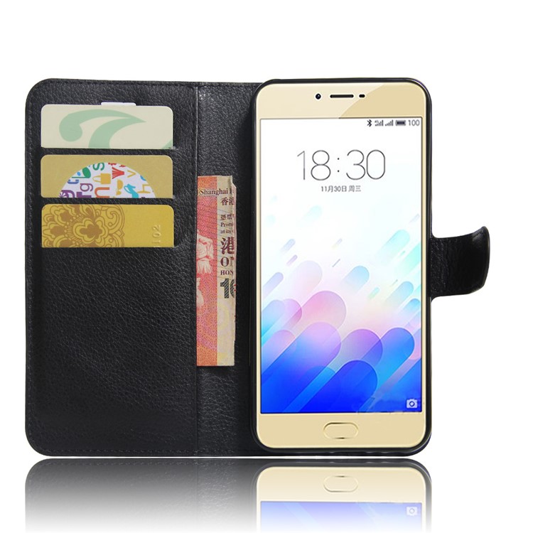 Litchi Grain 3 Card Holders Wallet Stand Leather Case for Meizu m3x - Black-5