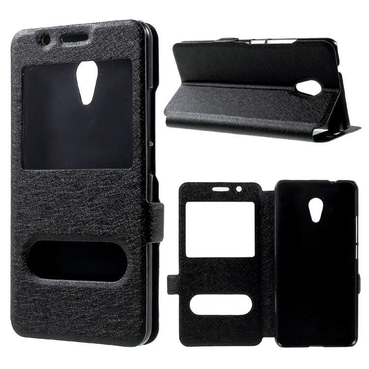 For Meizu M5s Silk Texture Dual Window Leather Phone Case Stand - Black-1