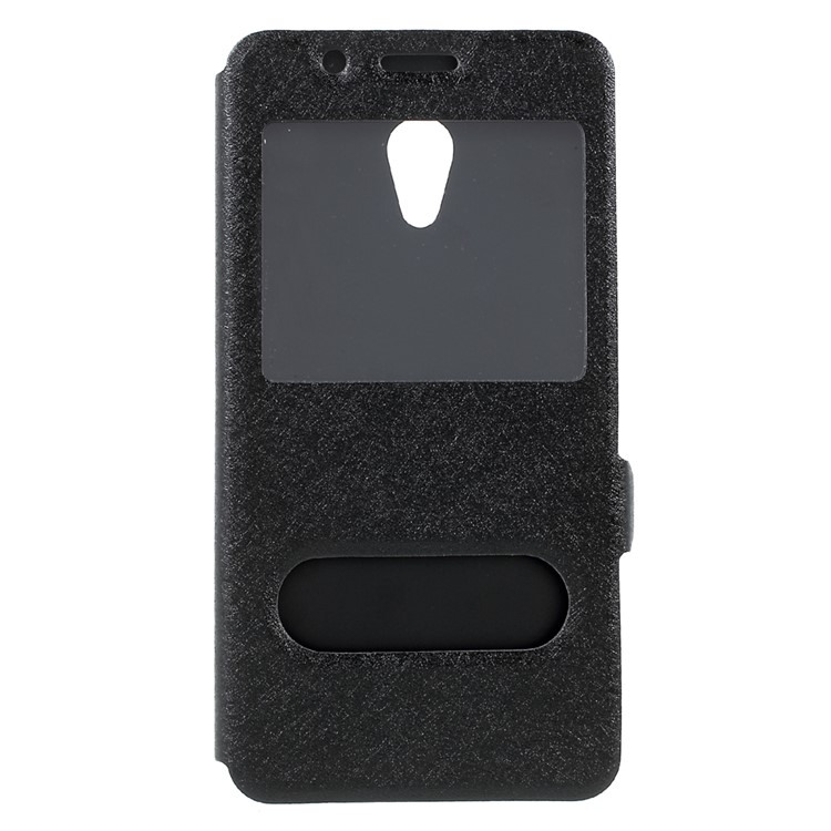 For Meizu M5s Silk Texture Dual Window Leather Phone Case Stand - Black-2