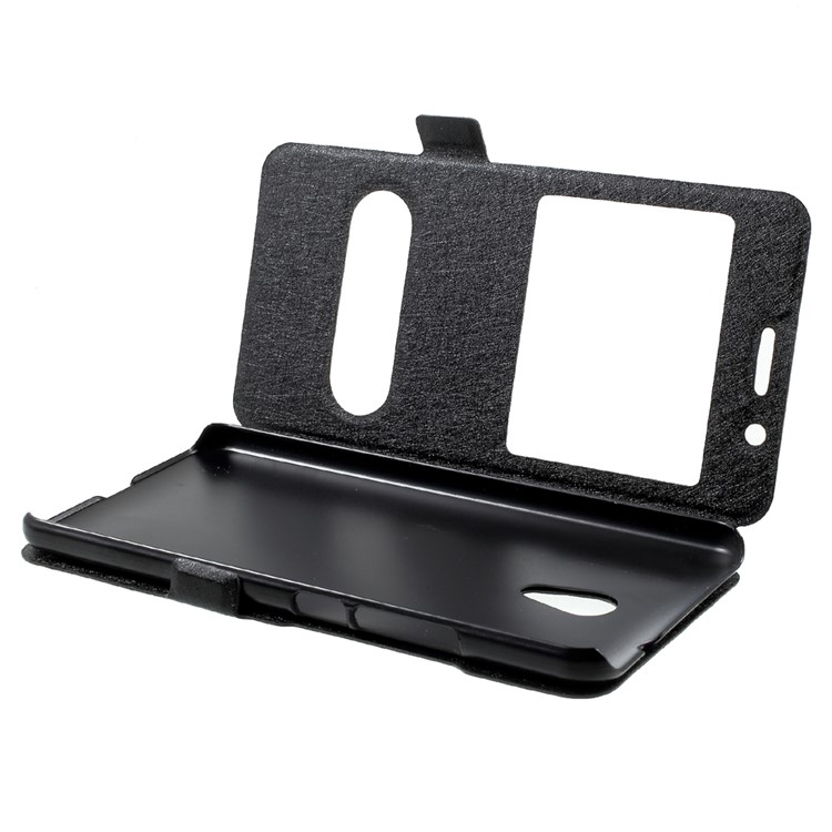 For Meizu M5s Silk Texture Dual Window Leather Phone Case Stand - Black-9