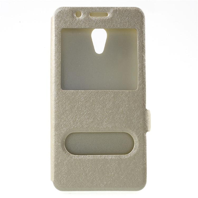 For Meizu M5s Dual Window Leather Case with Stand Silk Texture - Gold-1
