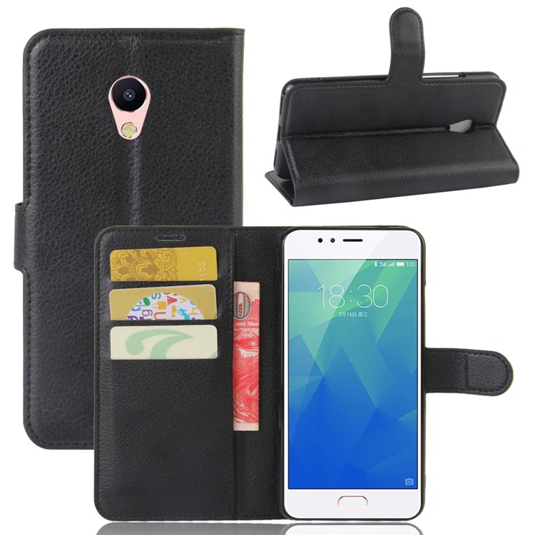 Lychee Grain Wallet Flip Leather Phone Case for Meizu M5s - Black-1