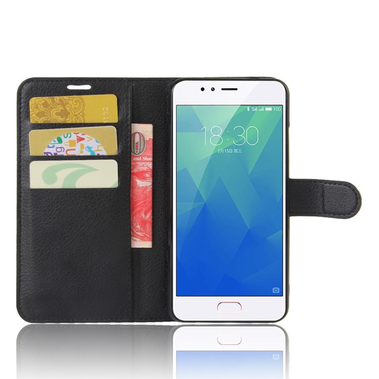 Lychee Grain Wallet Flip Leather Phone Case for Meizu M5s - Black-3