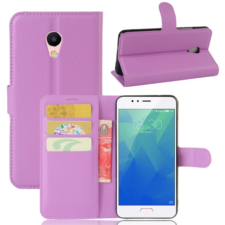 For Meizu M5s Lychee Grain Leather Stand Card Holder Case Cover - Purple-1