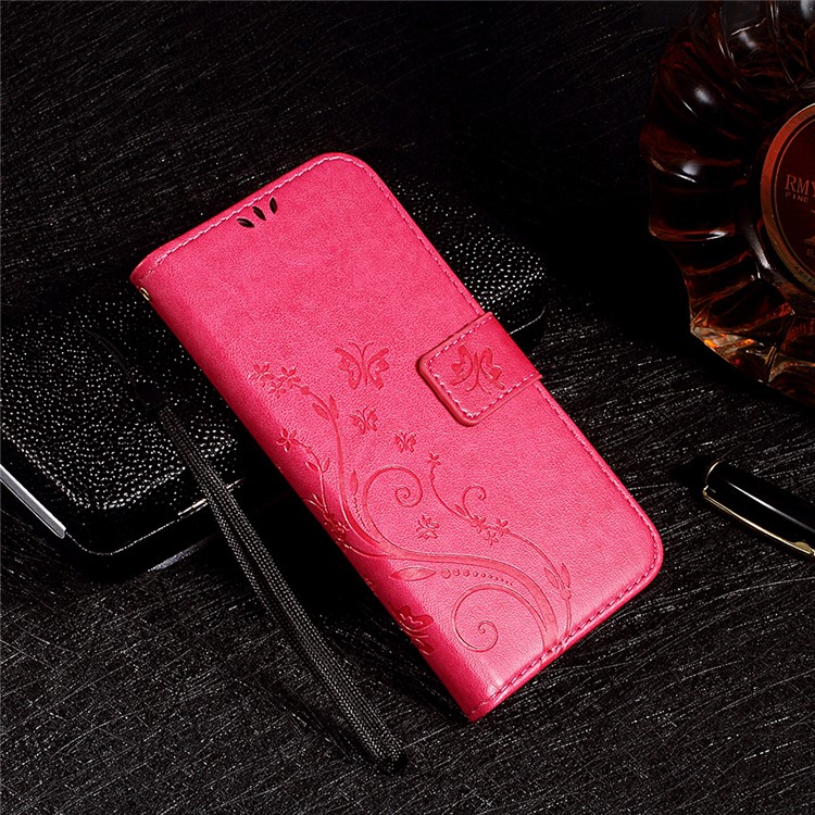 For Meizu M2 mini Imprinted Butterfly Flower Wallet Stand Leather Case - Rose-1